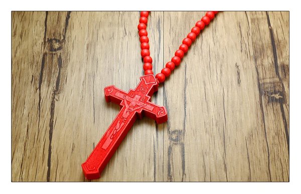 Rosenkranz aus Holz Rot handgeschnitzt christlich Jesus Kreuz Kette Glauben