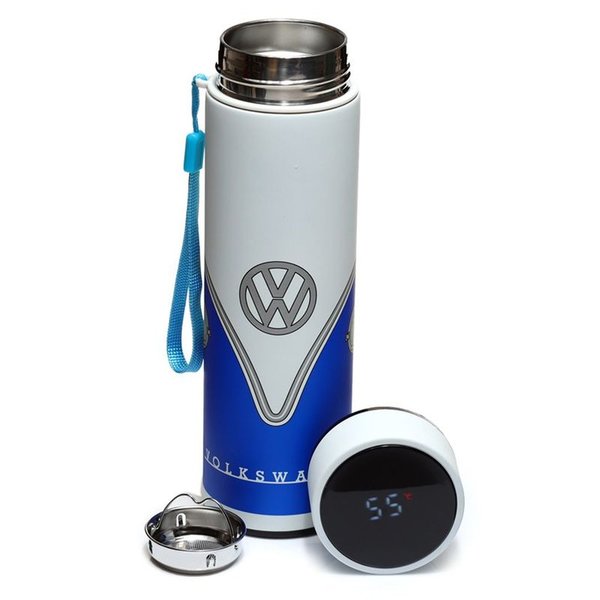VW Bulli T1 Blaue wiederverwendbar Thermo Isolier- Edestahl Trinkflasche Digitalthermometer